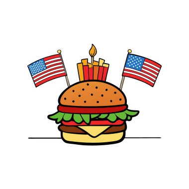 Lezzetli çizburger, patates kızartması ve Amerikan bayrağı. 4 Temmuz Yemeği. Yapay zeka üretildi. Vektör simgesi