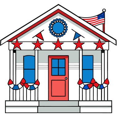 Kutlama için kırmızıyla süslenmiş vatansever bir ev verandası. Beyaz. ve mavi elementler. Yapay zeka üretildi. Vektör simgesi