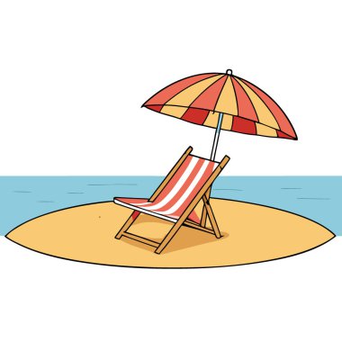 Tahta sandalye ve çizgili şemsiye kumlu sahilde gün ışığı altında sakin su altında yapay zeka üretildi. Vektör simgesi