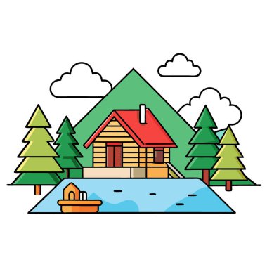 Göl kıyısındaki modern orman kulübesinde yaz manzarası yeşillik kütükleri var. Yapay zeka üretildi. Vektör simgesi