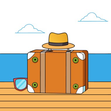 Hasır Şapkalı ve Deniz kıyısındaki tahta güvertede güneş gözlüklü klasik bavul. Yapay zeka üretildi. Vektör simgesi