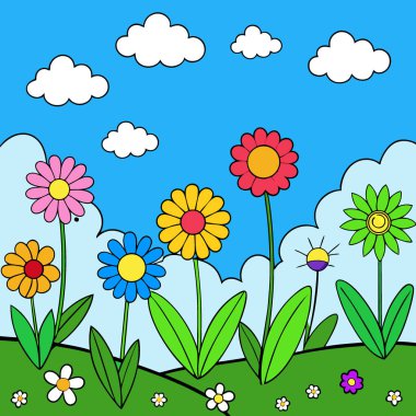 Mavi gökyüzü, bulutlar bahar ve yaz arkaplanı ile canlı bir kır çiçeği çayırı. Yapay zeka üretildi. Vektör simgesi