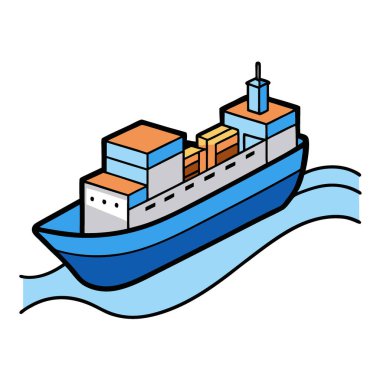 Sakin bir deniz yüzeyinde giden bir kargo gemisi. Teknoloji stili gövde ile. Mavi çizgiler... yapay zeka üretildi. Vektör simgesi