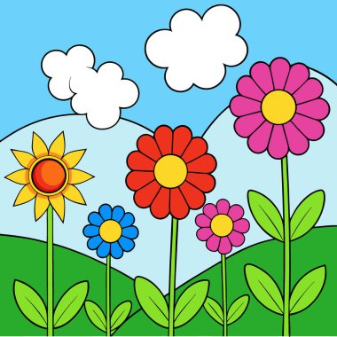 Renkli çiçeklerle dolu yaz çayırının kapanışı. Mavi gökyüzü ve arka planda güneş ışığı. Yapay zeka üretildi. Vektör simgesi