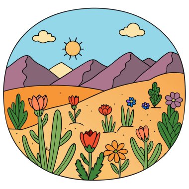 Çiçekler açan çöl çiçekleri dingin bir gökyüzü ve dağların altında renkli bir çiçek halısı. Yapay zeka üretildi. Vektör simgesi