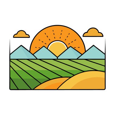 Yaz Gündönümü Gündoğumu ve Günbatımı Tarlalar ve Dağlar Üzerinde Parlıyor. Güneş ekinoksu ve doğa. Yapay zeka üretildi. Vektör simgesi