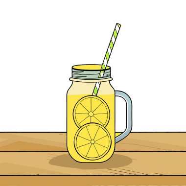 Limonatayı limonlu kavanozda limonata dilimleri ve saman ile dışarıda tahta masa üzerinde yeniliyorum. Yapay zeka üretildi. Vektör simgesi