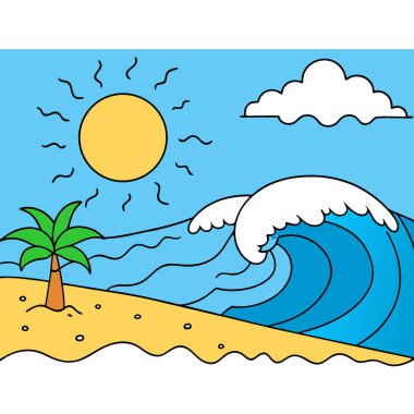 June Summer sahnesi dalgaları vuruyor güneşli bir gün Güzel deniz manzarası parlak mavi gökyüzü. Yapay zeka üretildi. Vektör simgesi