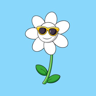 Güneş gözlüklü, çiçek açan beyaz çiçek. Çok komik. Yapay zekanın ürettiği açık mavi gökyüzüne karşı neşeli bir bitki. Vektör simgesi