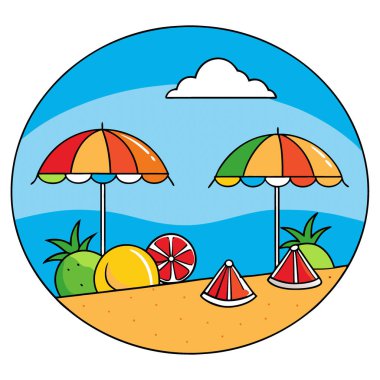 Açık mavi gökyüzü altında renkli şemsiyeli ve egzotik meyveli güzel bir yaz sahnesi. Yapay zeka üretildi. Vektör simgesi