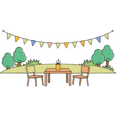 Dekoratif sicim lambaları, yaz akşamı toplantılarında rahat bir açık mekanı aydınlatır. Yapay zeka üretildi. Vektör simgesi