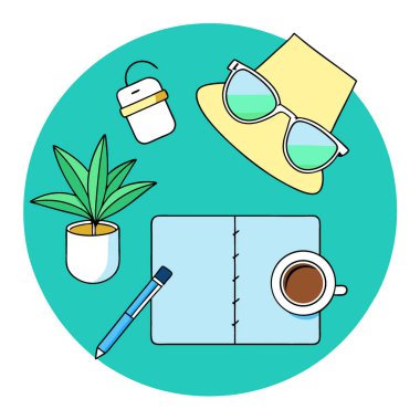 Önemli yaz şapkalarının düzleşmesi. Güneş gözlüğü. Not defteri. Kahve. Yapay zekanın ürettiği deniz mavisi arkaplanındaki bitkiler. Vektör simgesi