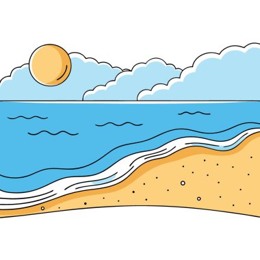 Haziran. Nazik Dalgalar ve Altın Kum 'la Sunny Beach Manzarası. Yaz tatili için mükemmel. Yapay zeka üretildi. Vektör simgesi