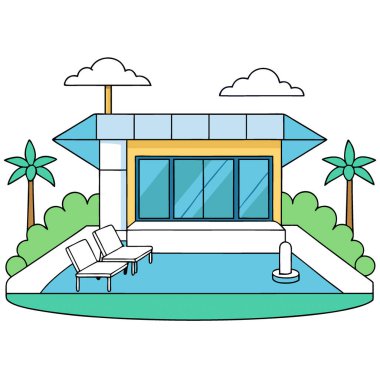 Açık mavi havuzlu lüks bir yaz tatili. Modern tasarım. Ve şezlongları davet etmek. Yapay zeka üretildi. Vektör simgesi