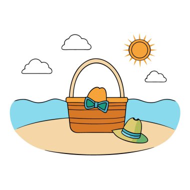 Rattan plaj çantası ve güneş gözlüğü. Parmak arası terlikler. Ve yaz mevsiminde deniz kenarındaki kumda güneş şapkası. Yapay zeka üretildi. Vektör simgesi