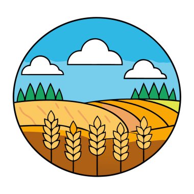 Büyüleyici yaz gökyüzünün altındaki kırsal alan bulutlarla süslenmiş yapay zekayla oluşturulmuş. Vektör simgesi