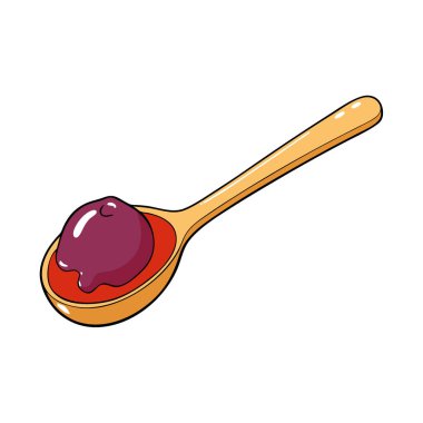 Bir kaşık dolusu damlayan ambarella June erik reçeli beyaz bir fona yakın plan çekilmiş. Yapay zeka üretildi. Vektör simgesi