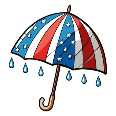 Üzerinde yağmur damlaları olan Amerikan bayrağı temalı şemsiye. Beyaz bir arka planda izole edilmiş. Yapay zeka üretildi. Vektör simgesi