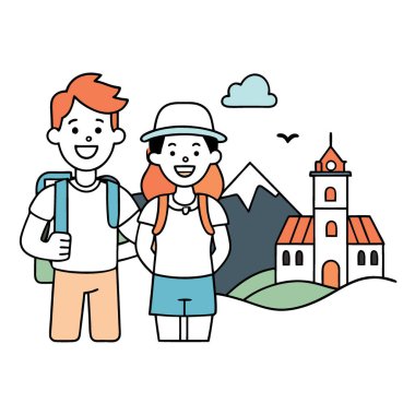 Cazip güney kasabasında kaygısız bir çift sırt çantasıyla dolaşıyor. Kahkaha yaz atmosferini paylaşıyordu. Yapay zeka üretildi. Vektör simgesi