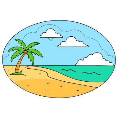 Haziran. Sandy Beach 'in yaz dönemi geçmişi. Okyanus. Gökyüzü. ve bulutlar. Tropik ada cenneti yapay zeka üretti. Vektör simgesi