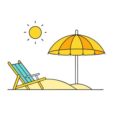 Sarı şemsiyeli plaj düzeneği ve parlak güneş ışığı altında şezlonglar. Yapay zeka üretildi. Vektör simgesi
