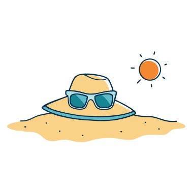 Güneş şapkası ve güneş gözlüğü kumlu sahilde ışık ve gölgeli rahat bir yaz havası yaratıyor yapay zeka. Vektör simgesi