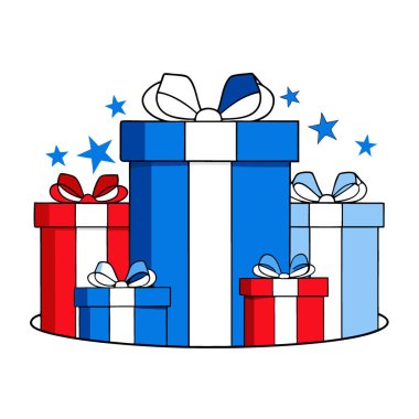 Kırmızı Mavi ve Beyaz Kurdeleli Hediye Kutuları Bağımsızlık Günü Kutlaması için Mavi Arkaplanda. Yapay zeka üretildi. Vektör simgesi