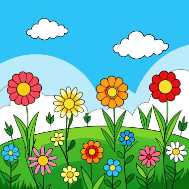 Açık Mavi Gök Altındaki Yaban Çiçeği Çayırı Güneş Işığı Çiçekleri Yeşillik Yeşillik Doğa Manzarası. Yapay zeka üretildi. Vektör simgesi