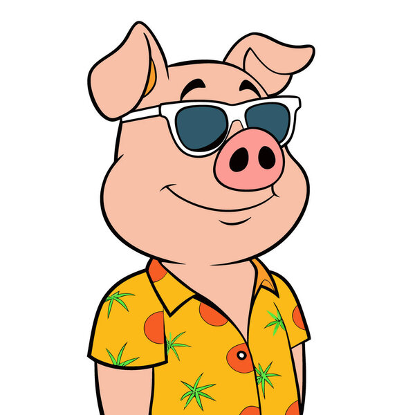 Модная свинья, украшенная яркой гавайской рубашкой и модными оранжевыми солнечными очками. ИИ генерируется. Значок вектора