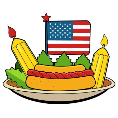 Sosisli sandviç koçanda mısır ve 4 Temmuz kutlamaları için Amerikan bayrağı tepside salata. Yapay zeka üretildi. Vektör simgesi