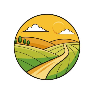 Rüzgarlı Toprak Yol ve Günbatımı Gökyüzü Altındaki Altın Çayırlar 'la sakin bir yaz manzarası. Yapay zeka üretildi. Vektör simgesi