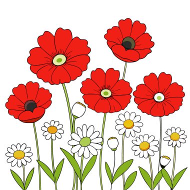 Canlı kırmızı gelincikler ve beyaz papatyalarla dolu bir tarla bahar ya da yaz manzaraları için mükemmel. Yapay zeka üretildi. Vektör simgesi