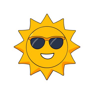 Güneş gözlüklü çizgi film güneşi emojisi beyaz arka plan güneş ışığı ifade eden 3D görüntülerde izole edilmiş. Yapay zeka üretildi. Vektör simgesi