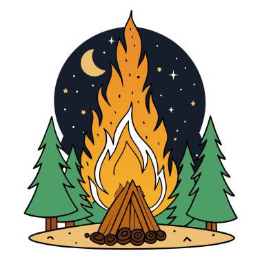 Yaz gündönümü festivalinde ormanda büyük şenlik ateşi, yıldızlı gökyüzüne doğru uçan kıvılcımlar çakıyor. Yapay zeka üretildi. Vektör simgesi