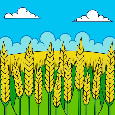 Bereketli Yeşil ve Sarı Buğday Tarlası Haziran 'da Parlak Gökyüzü Altında Canlı Saflar ve Hafif Rüzgâr ile. Yapay zeka üretildi. Vektör simgesi