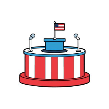 Ortasında bir podyum olan A sahnesinin ortaçağ yakın çekimi arka planda ise ABD bayrağı yer almaktadır. Yapay zeka üretildi. Vektör simgesi