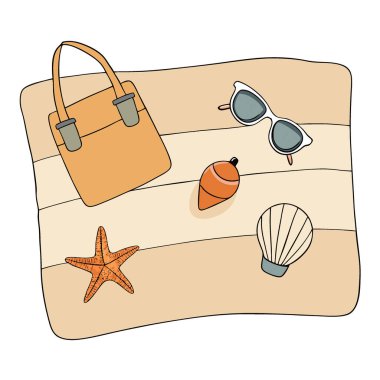 Summer Beach Yatağı. Saman Torbası. Güneş gözlüğü. Parmak arası terlikler. Bej kumaş üzerinde deniz kabukları ve deniz yıldızları yapay zeka oluşturuldu. Vektör simgesi