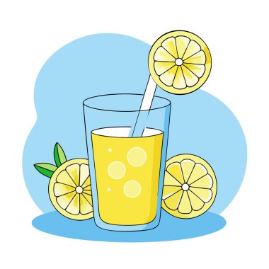 Ferahlatıcı yaz limonata dilimleri papatya çiçekleri açık mavi arka plan. Yapay zeka üretildi. Vektör simgesi