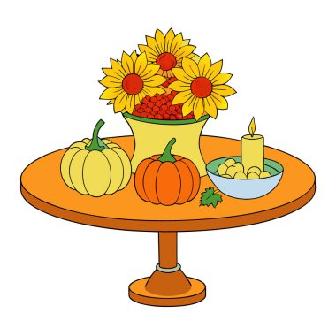 Güneşli masa ortamında ayçiçekleri ve balkabaklarıyla parlak bir sonbahar süsü. Yapay zeka üretildi. Vektör simgesi