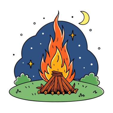 Geceleri tarlada büyük bir şenlik ateşi. Yaz gündönümü festivali. Yukarı doğru kıvılcımlar uçuşuyor. Yıldızlı gökyüzü. Yapay zeka üretildi. Vektör simgesi
