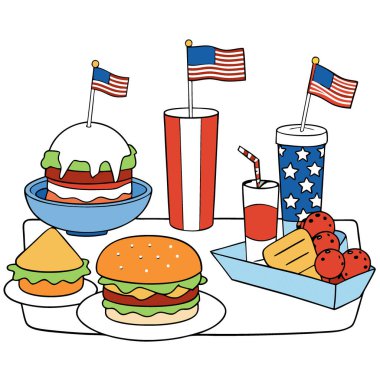 Klasik Amerikan yemeklerinin yaz barbeküsü ya da 4 Temmuz kutlamaları için mükemmel bir şekilde yayılması. Yapay zeka üretildi. Vektör simgesi