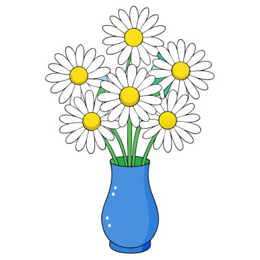 Mavi bir vazoda taze papatya buketi ve çiy damlası ve doğal ışıklandırma. Yapay zeka üretildi. Vektör simgesi