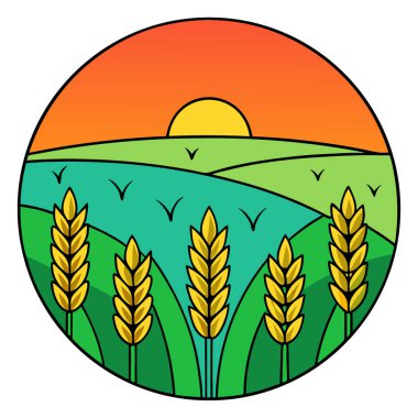 Canlı bir buğday tarlasının tarım manzarası güneş tarafından aydınlatılır. Alacakaranlıktaki genç yeşil buğday yapay zeka üretildi. Vektör simgesi