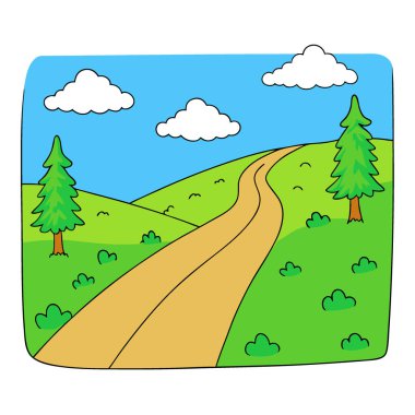 Dar bir toprak yol, uzaktaki mavi gökyüzü ve ağaçlarla yeşil çimenli bir tarlaya çıkıyor. Yapay zeka üretildi. Vektör simgesi