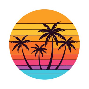 Palmiye ağaçlarıyla dolu canlı bir arkaplan. Atmosfer sıcaklığı ve yaz titreşimleri yaratıyor. Yapay zeka üretildi. Vektör simgesi