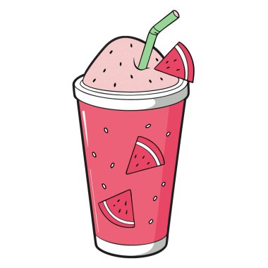 Canlı pembe karpuz smoothie yakın çekim. Donmuş parçalar ve taze dilimler. Yaz içeceği. Soğumuş. Yapay zeka üretildi. Vektör simgesi