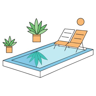 Güneşli bir günde havuz başında rahatlama bitkiler ve yansıtıcı cam yuvarlak sandalye ve havuz kenarı. Yapay zeka üretildi. Vektör simgesi