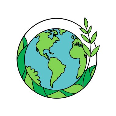 Dünya çevresi gün yeşil dal ve yapraklar koyu yeşil arka planda yuvarlak dünya etrafında yuvarlanır. Yapay zeka üretildi. Vektör simgesi