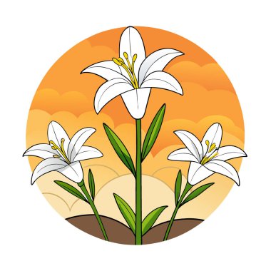 Beyaz Lily Çiçekleri. Çiçekçi Bud Çiçek Çiçeği Odak Noktası ve Günbatımı Günbatımı Arkaplanı ile yapay zeka üretildi. Vektör simgesi