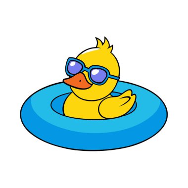Güneş gözlüklü, vaklayan plastik ördek. Çok mavi ve güzel bir havuz yaz havası var. Yapay zeka üretildi. Vektör simgesi